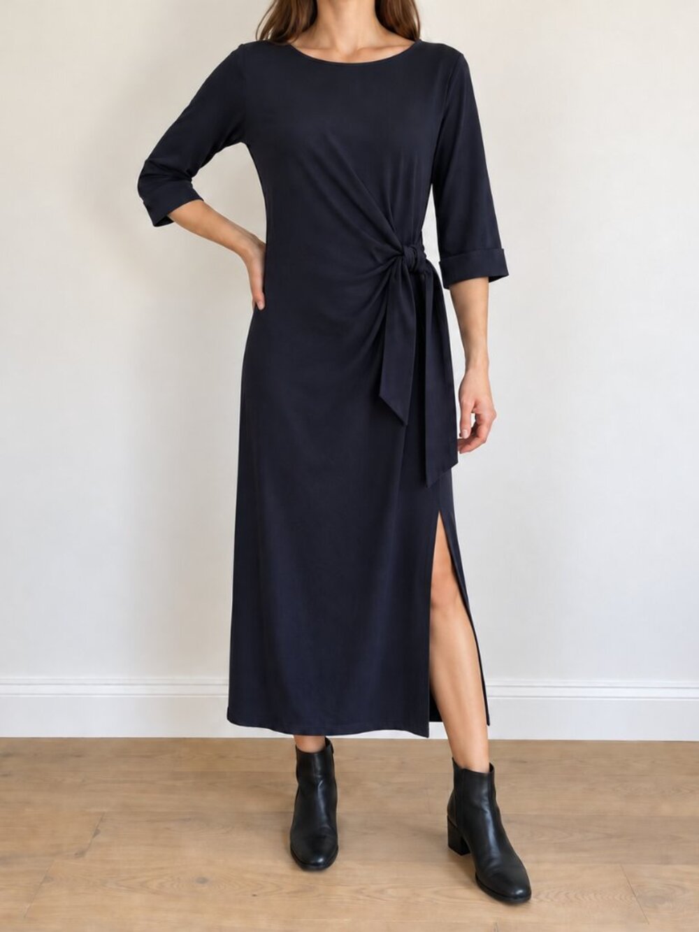 Charli London Jersey Tie-Front Side Slit Dress, Navy, Size Medium